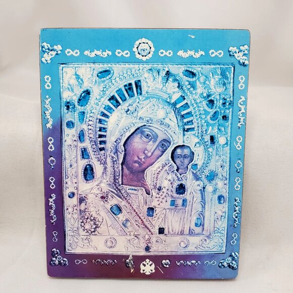 VTG Orthodox Religious Icon Of Our Lady Of Kazan Mother of God On Wood 5x4 Inch - Picture 1 of 8